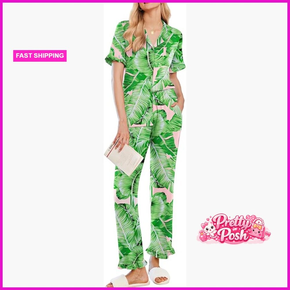 Polyester Pajama Set With Ruffle Button Up Top An… - image 1